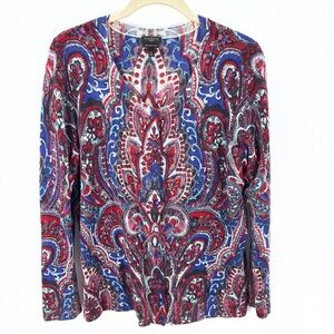Talbots Merino Wool Cardigan Womens 1X Paisley Button Up Sweater Boho Colorful
